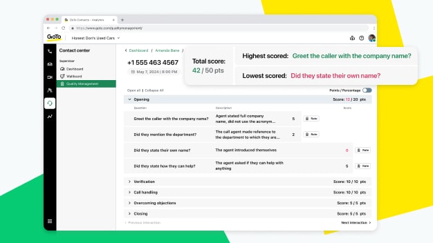 GoTo Connect Contact Center dashboard displaying AI-powered quality management and training features.