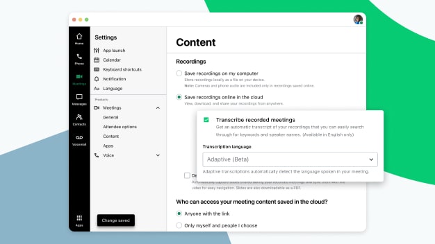 GoTo Meeting settings page interface showing the multilingual meeting transcript feature.