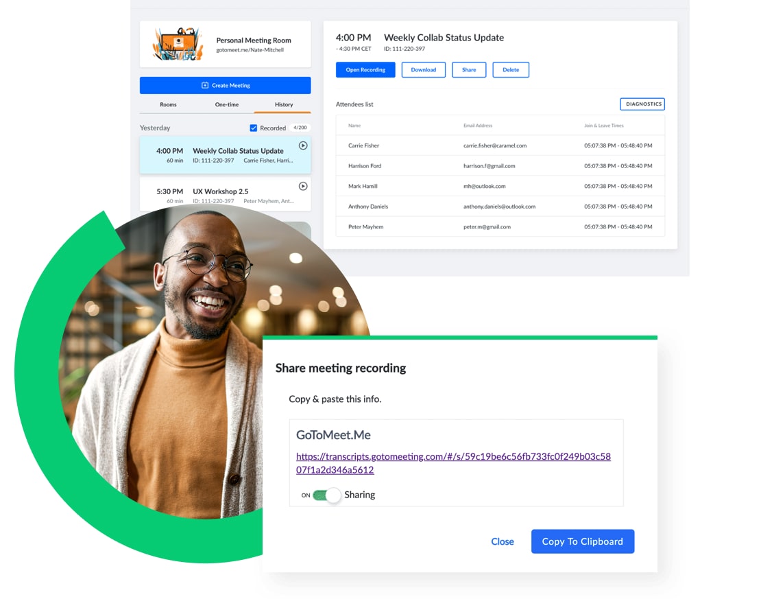 Screenshot of personal meeting room dashboard and how to share a meeting recording.