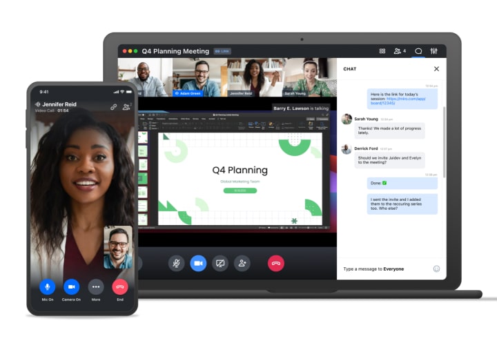 Interface do GoTo Meeting exibida em um notebook e um dispositivo móvel.