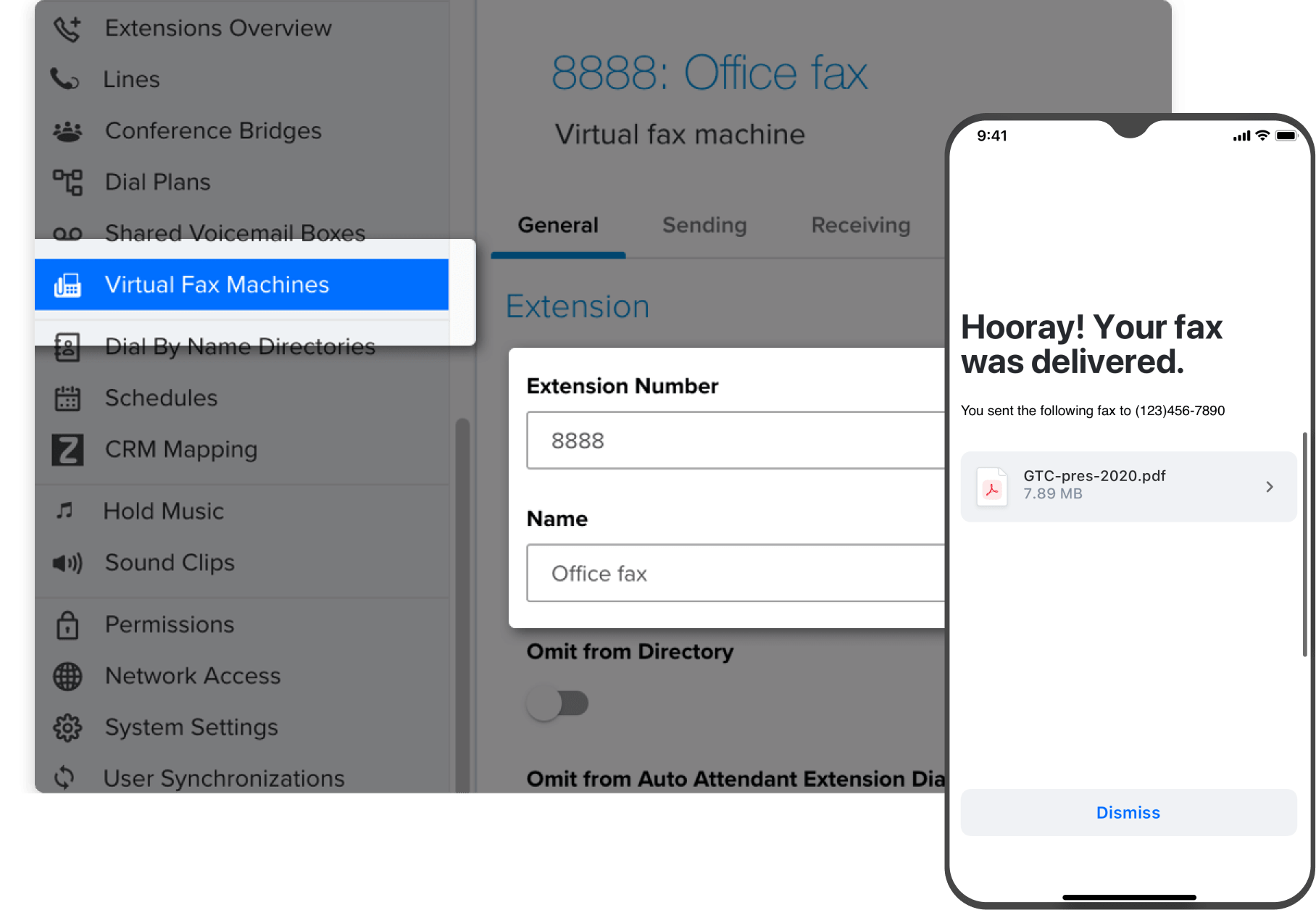 Tela de confirmação de entrega de fax no GoTo Connect  vista em um celular.  