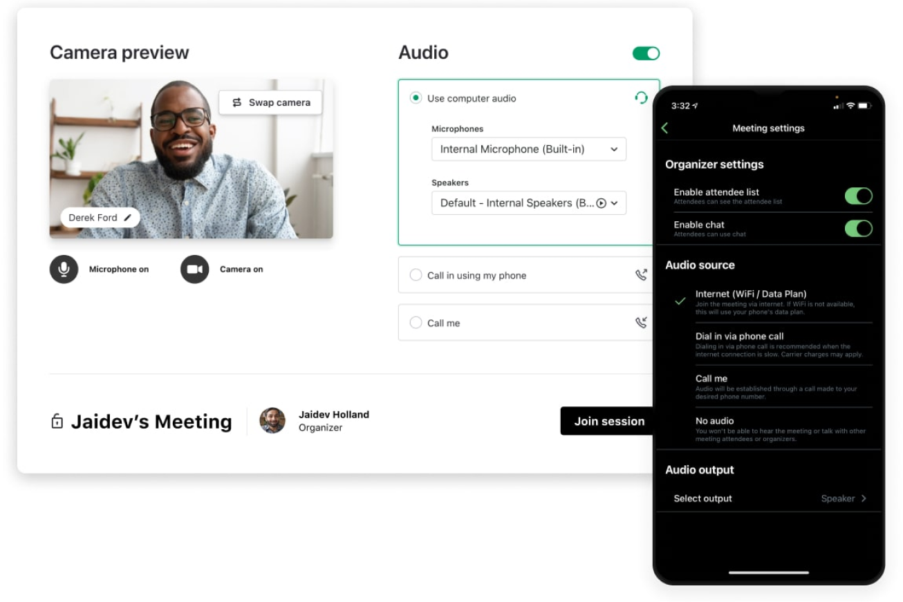 Tela mostrando opções de chamada, incluindo áudio e vídeo em aplicativos GoTo para computador e dispositivo móvel.