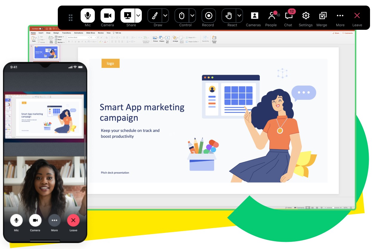 Telas mostrando uma chamada em conferência com compartilhamento de tela no computador e em celulares. 
