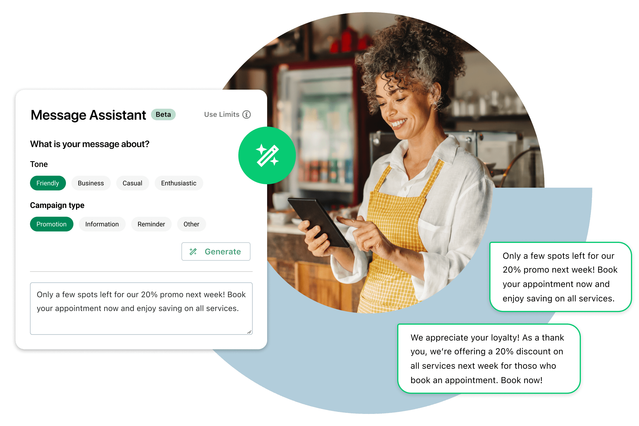 Collage of worker smiling looking on the tablet while using GoTo Connect AI message assistance to generate more personalized messages.