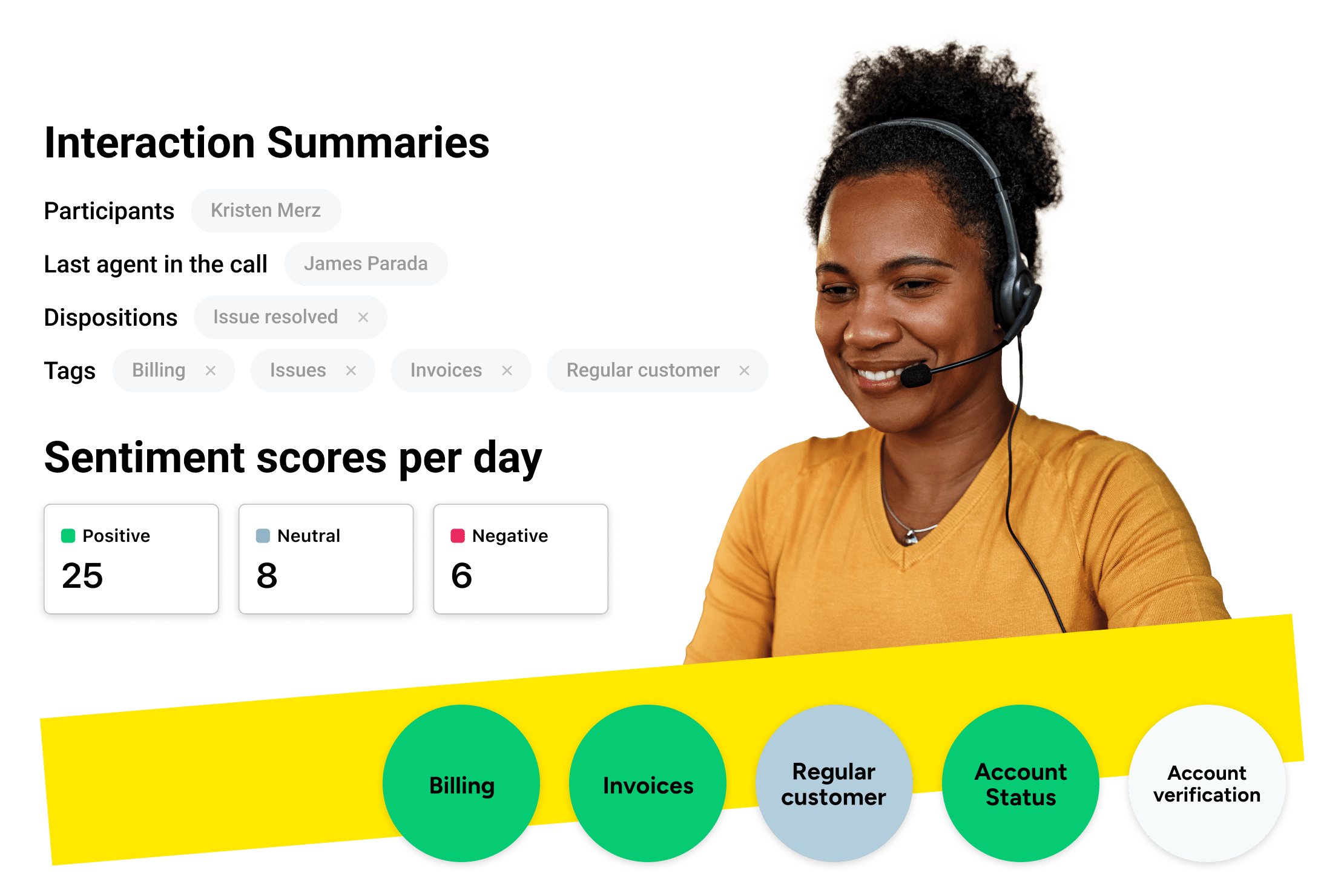 Woman smiling with a headset showing call supervisors real-time insights and control over their teams' performance through AI-powered features.