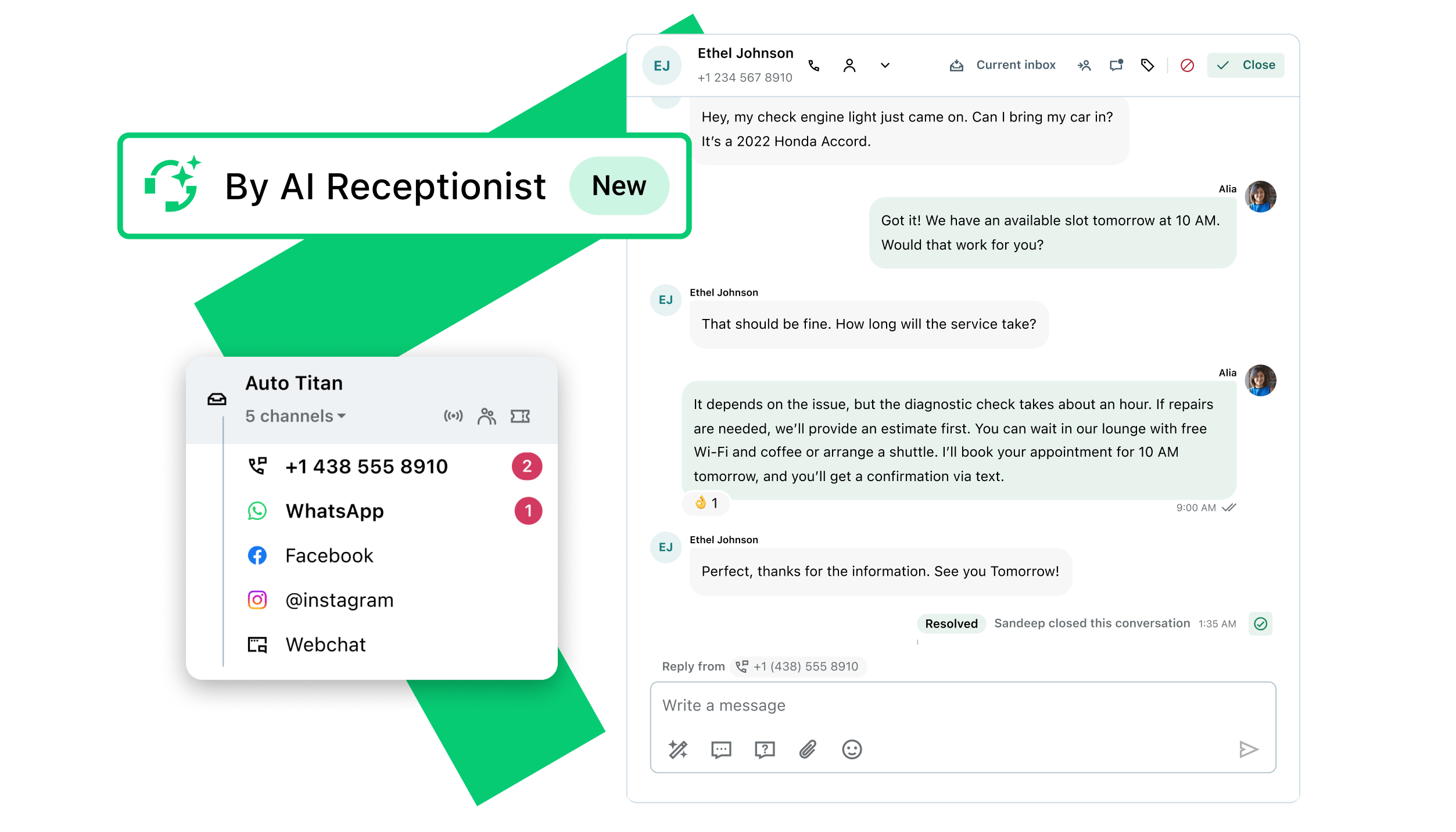 Interface de chat exibindo uma conversa entre agente e cliente, com integração a vários canais de comunicação, incluindo WhatsApp, redes sociais, SMS e chat em navegador.