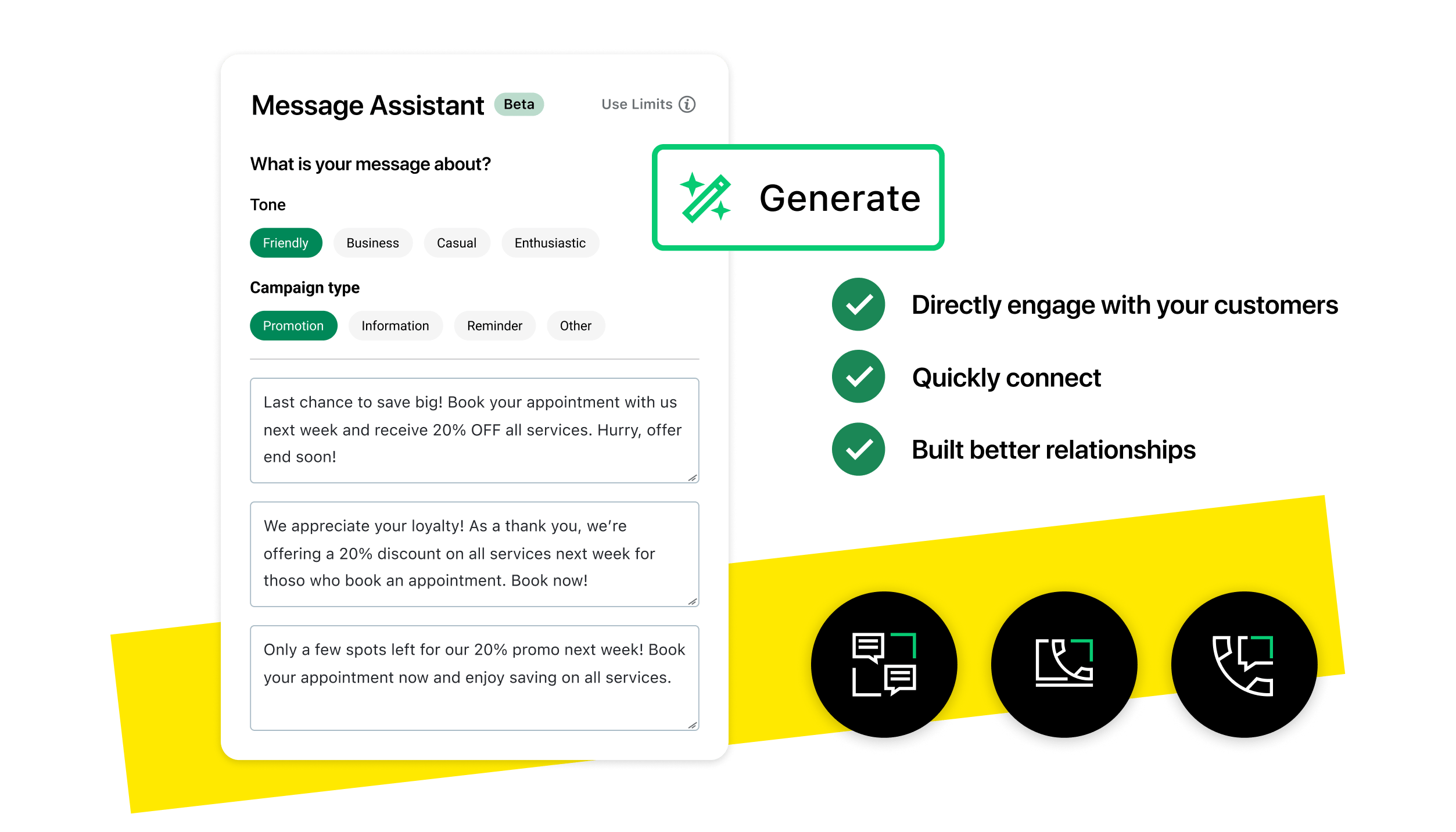 Montagem da IA assistente de mensagens do GoTo Connect, a Generate.