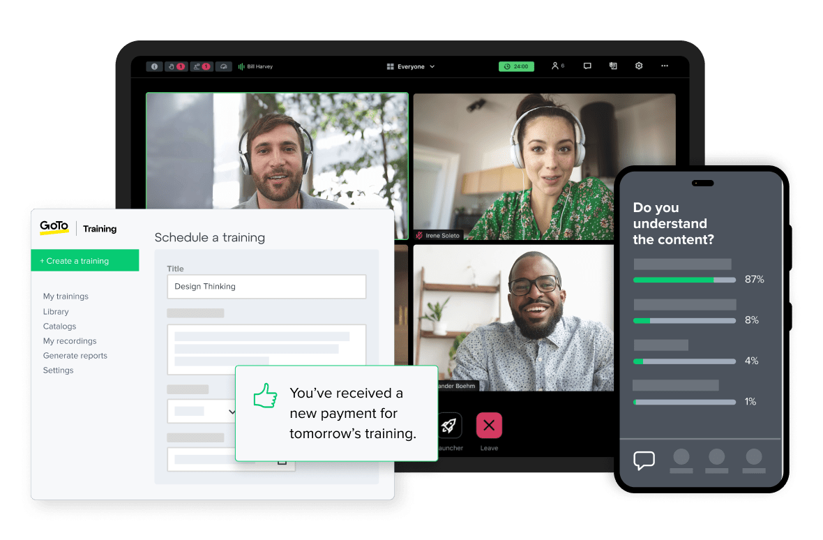 Telas mostrando participantes na plataforma do GoTo Training e a interface do 