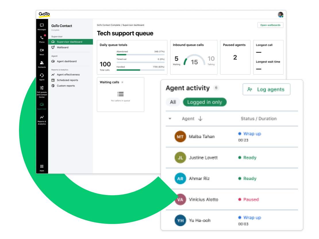 Screens showing agent activity monitoring as well as call queues.