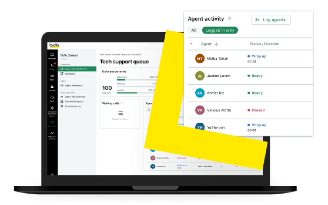 Tela de um notebook mostrando a fila do suporte técnico ao lado de uma tabela que registra a atividade de todos os agentes