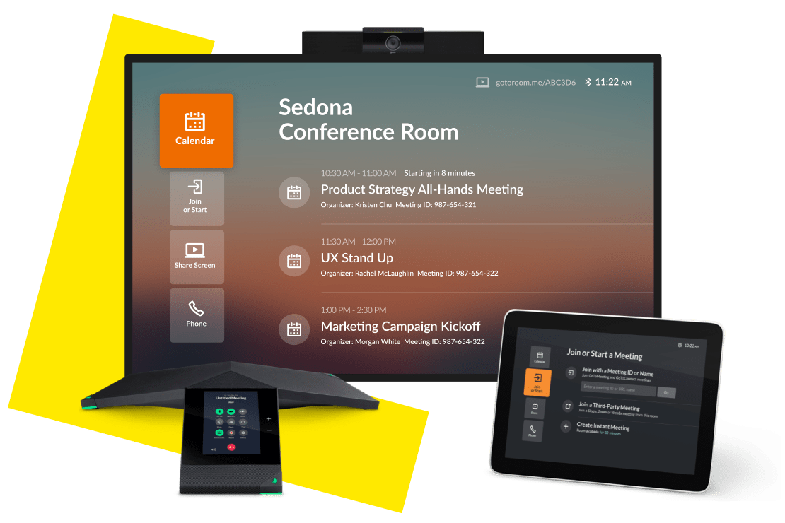 Hardware di GoTo Room che include il supporto a doppio display.