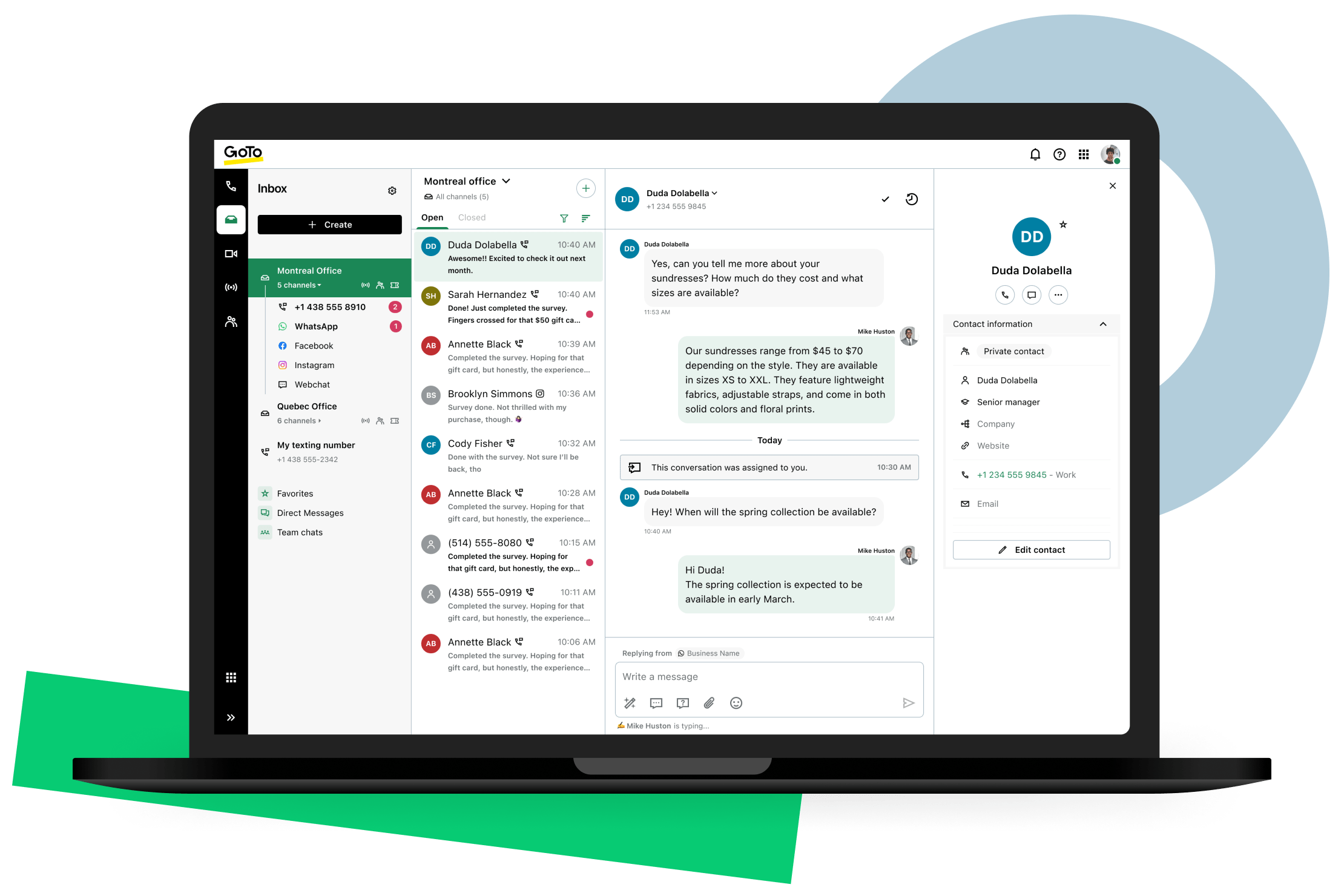 Tela exibindo uma caixa de entrada compartilhada no GoTo Connect Customer Engagement contendo conversas com clientes por WhatsApp, redes sociais, SMS e webchat para gerar respostas personalizadas e promover o trabalho em equipe.