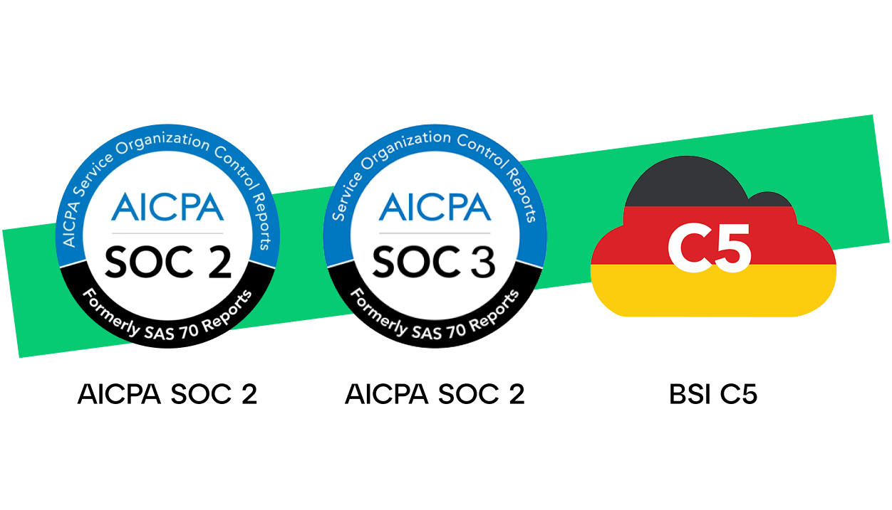 Emblema das certificações AICPA SOC 2, AICPA SOC 3 e BSI C5, destacando as medidas de segurança dentro das normas.