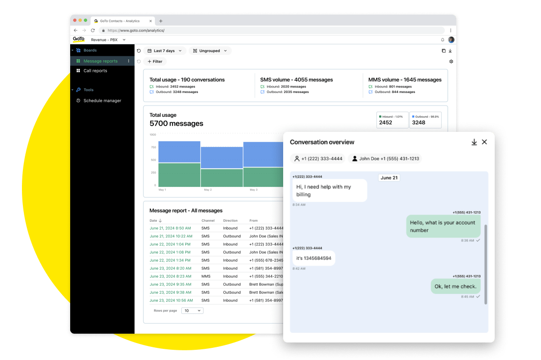 Een schermafbeelding van GoTo Connect-berichtrapportages met een pop-upvenster voor het conversatieoverzicht, die realtime synchronisatie van gegevens biedt voor directe klantinzichten.