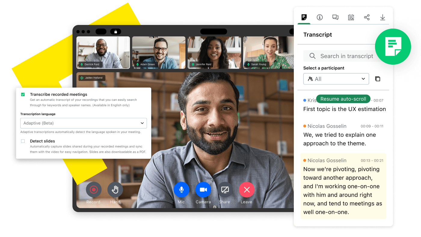 GoTo Meeting virtual meeting interface with multiple participants, featuring live transcription to break down language barriers.