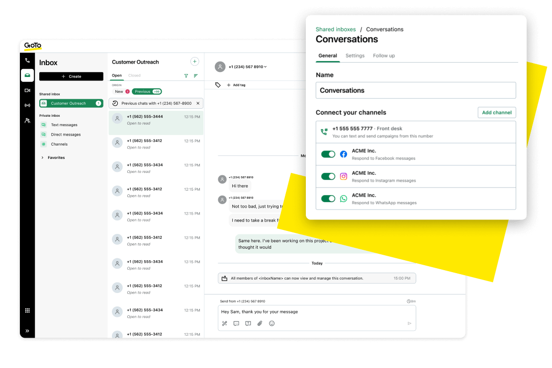 Interface de chat exibindo uma conversa entre professor e aluno, com integração a canais de comunicação como WhatsApp, redes sociais e chamadas telefônicas VoIP.