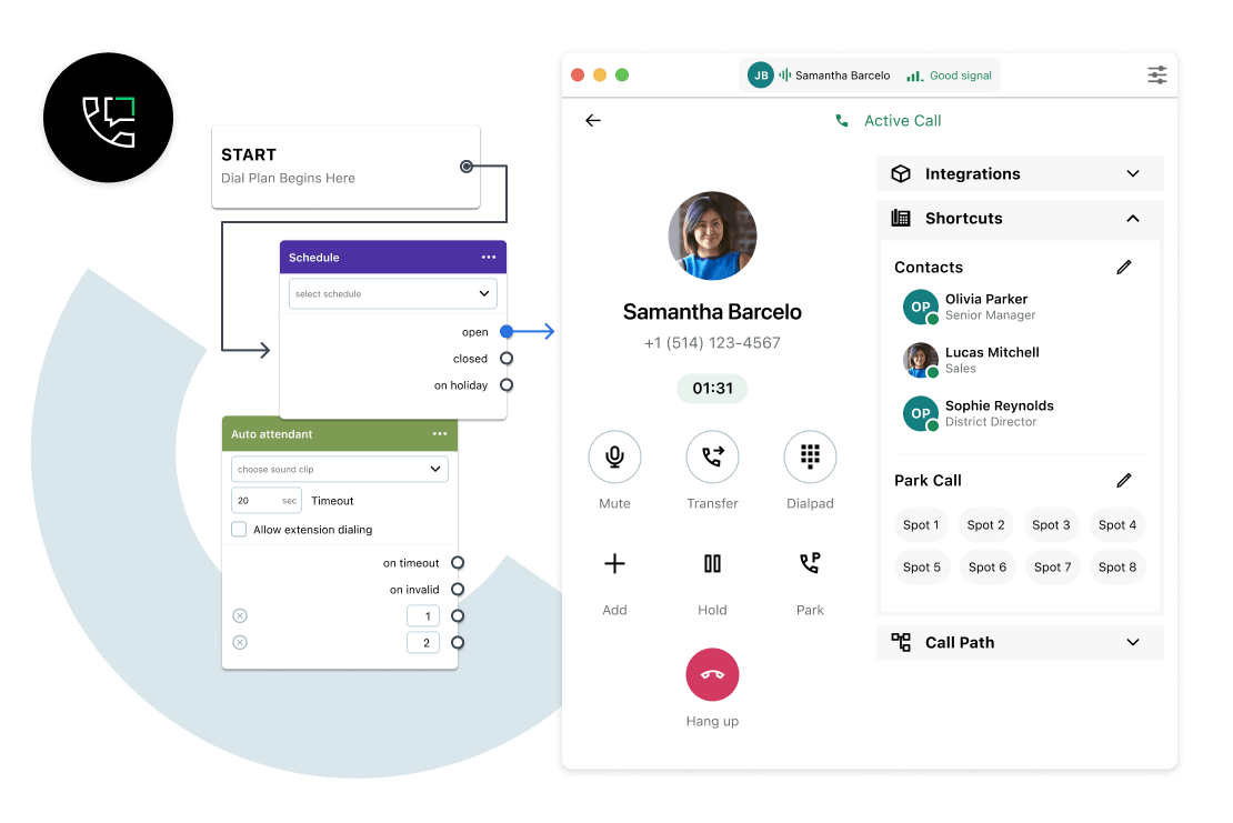 Capture d'écran illustrant la manière dont un chef d'entreprise contacte un client de manière transparente en utilisant plusieurs canaux de communication, dont le système de téléphonie par IP.