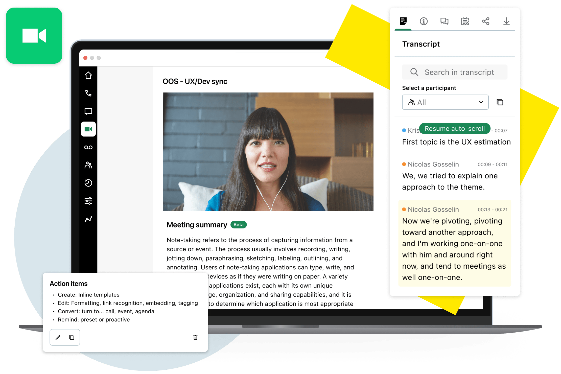 Collage of GoTo Connect AI Call Transcriptions interface, showing streamline transcription access for quicker insights and action item identification.