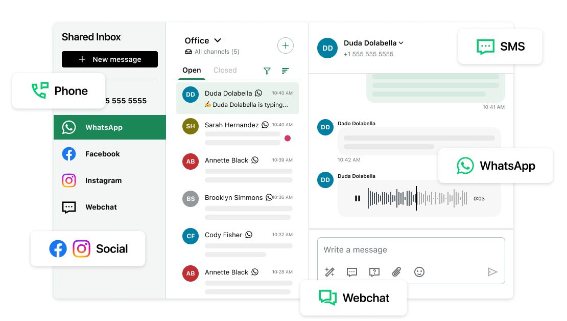 GoTo Connect interface displaying unified communications from multiple channels, like WhatsApp, webchat, and social media, integrated into a single CRM platform for streamlined customer support.