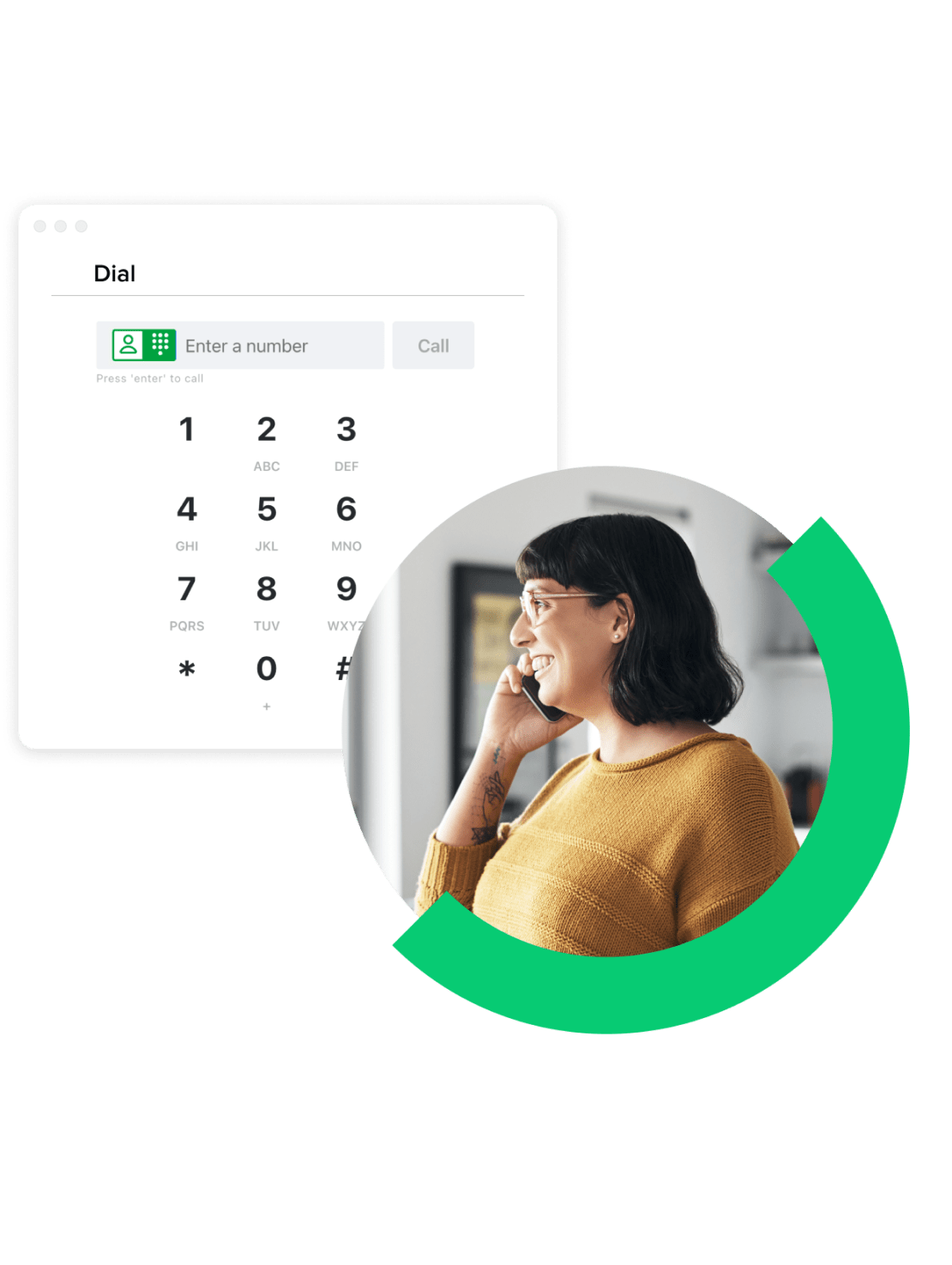 Uma colagem exibindo o teclado do GoTo Connect, acessível pelo computador ou celular